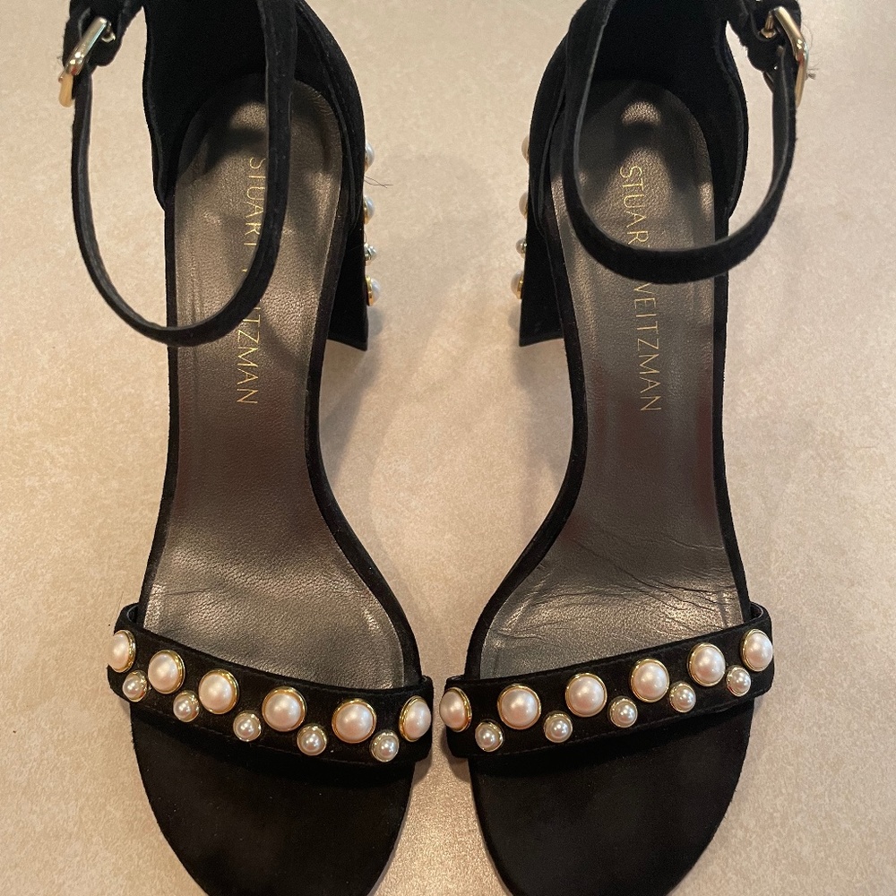 Stuart Weitzman Morepearls Black Suede Block Heels Size 7M